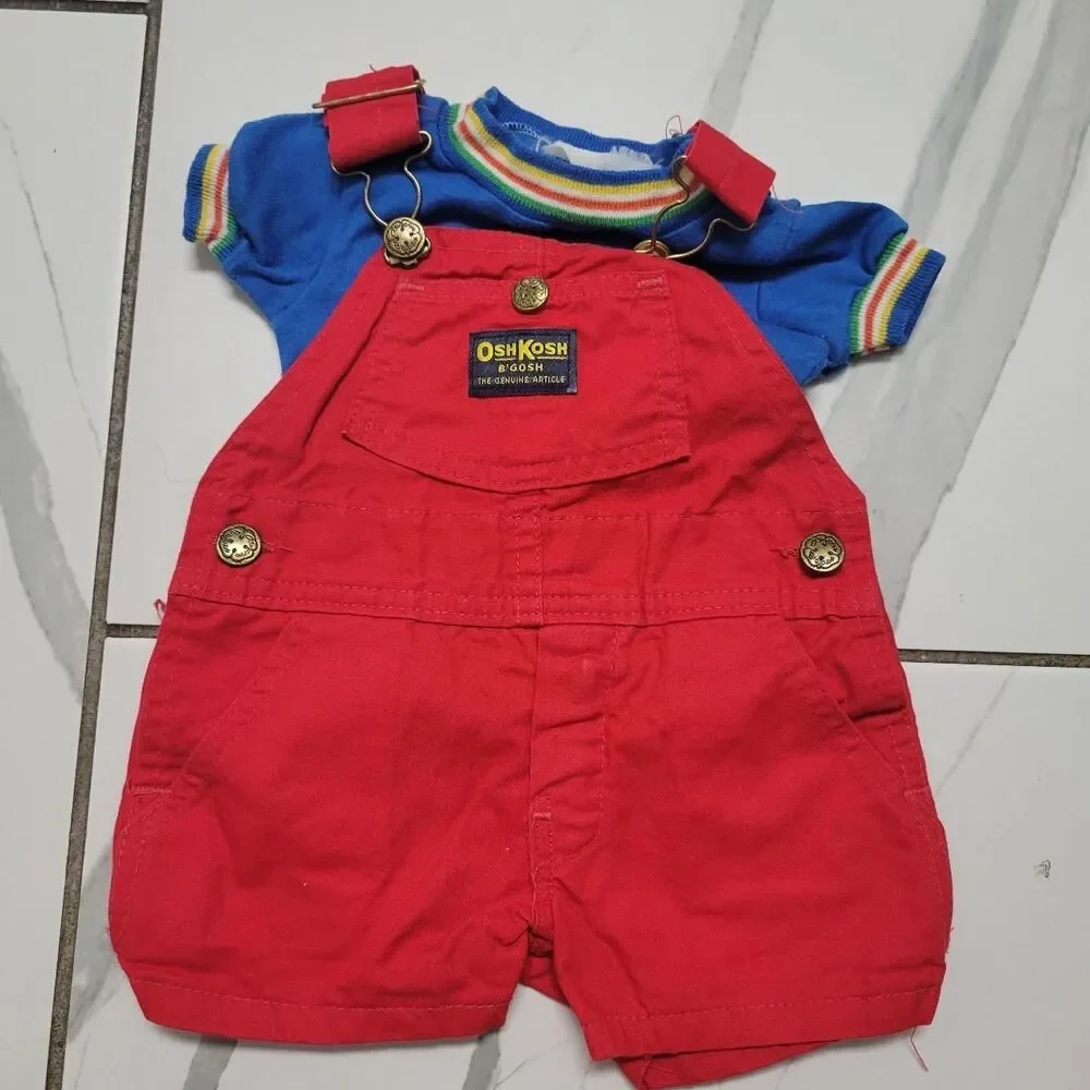 Vintage OshKosh B'Gosh Red Shortalls & Rainbow Ringer Shirt Set